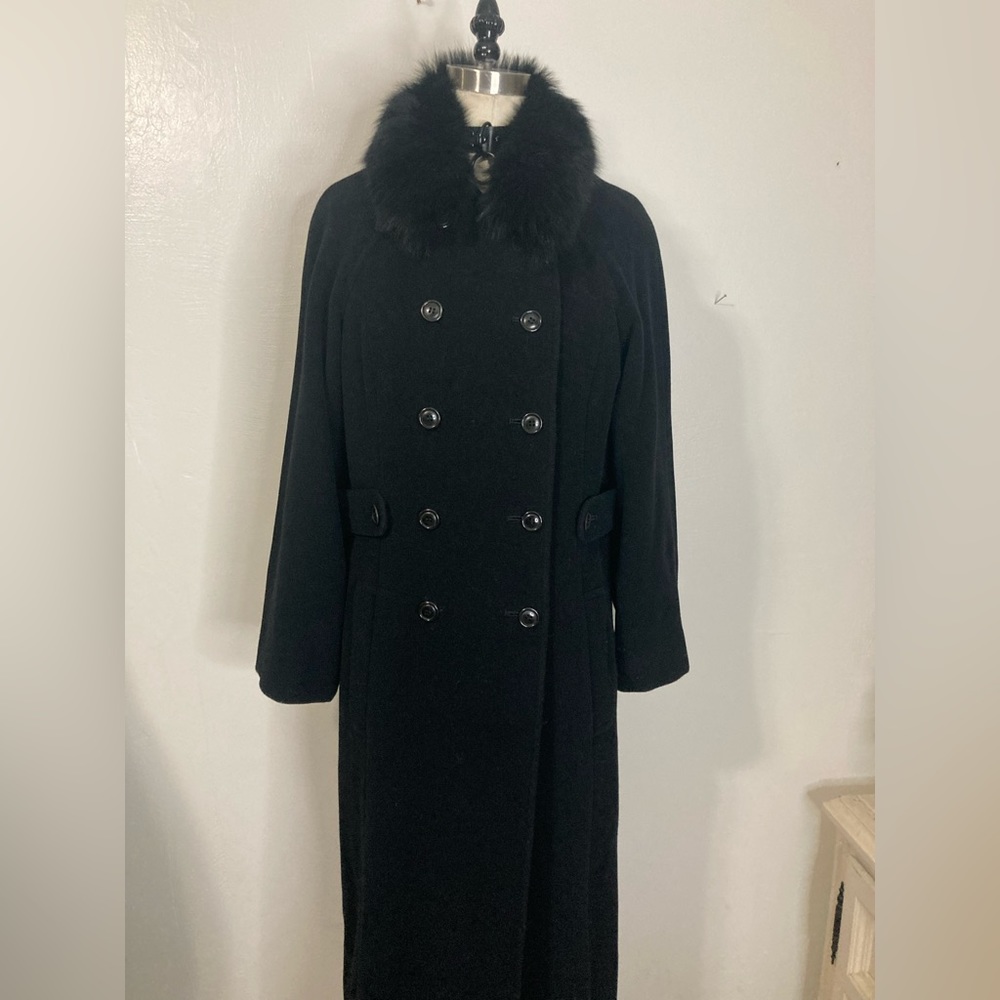 Vtg virgin wool double breasted peacoat w dyed fox fur collar